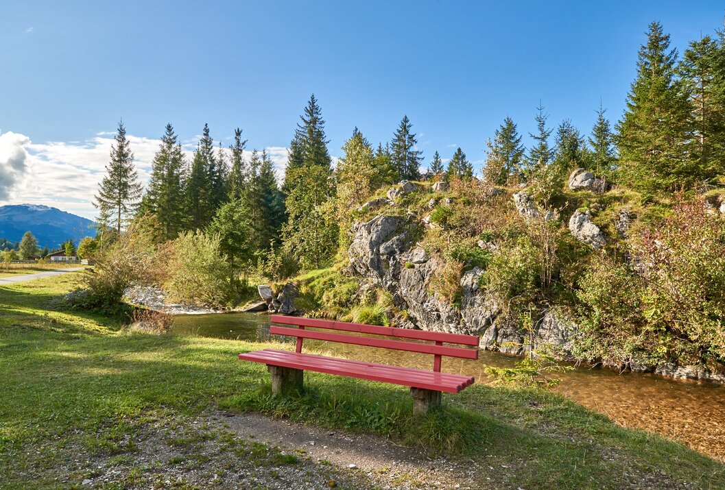 Rote Bank vor Wald und kleinem See an einem sonnigen Tag