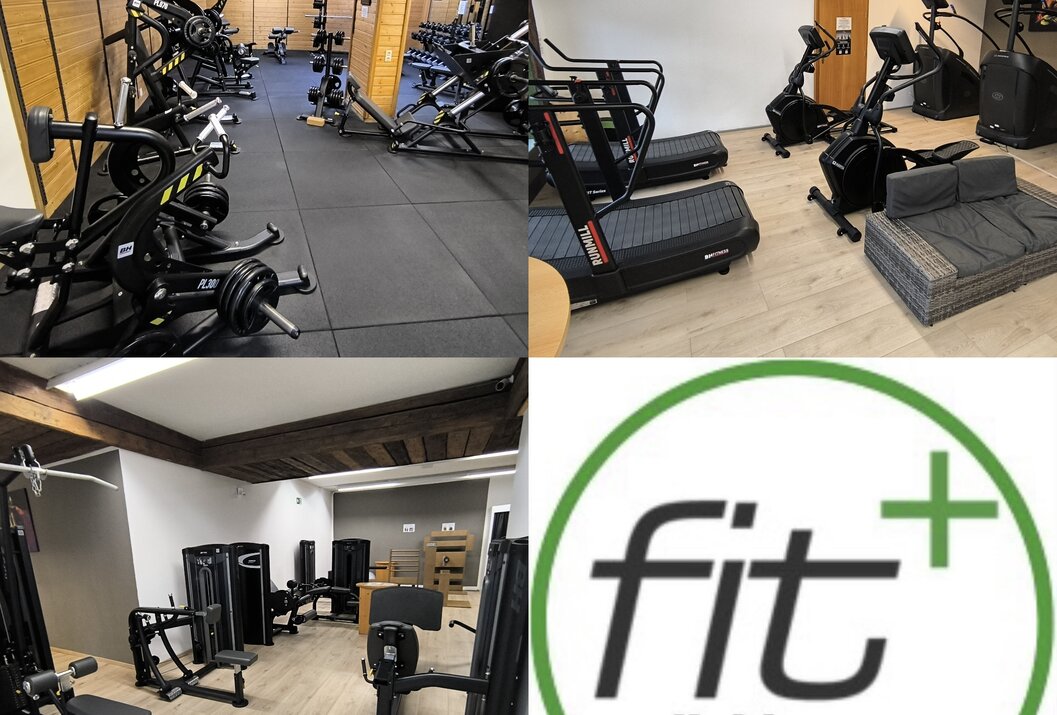 Collage von Fitnessstudio-Innenräumen und Logo von Fit Haldensee