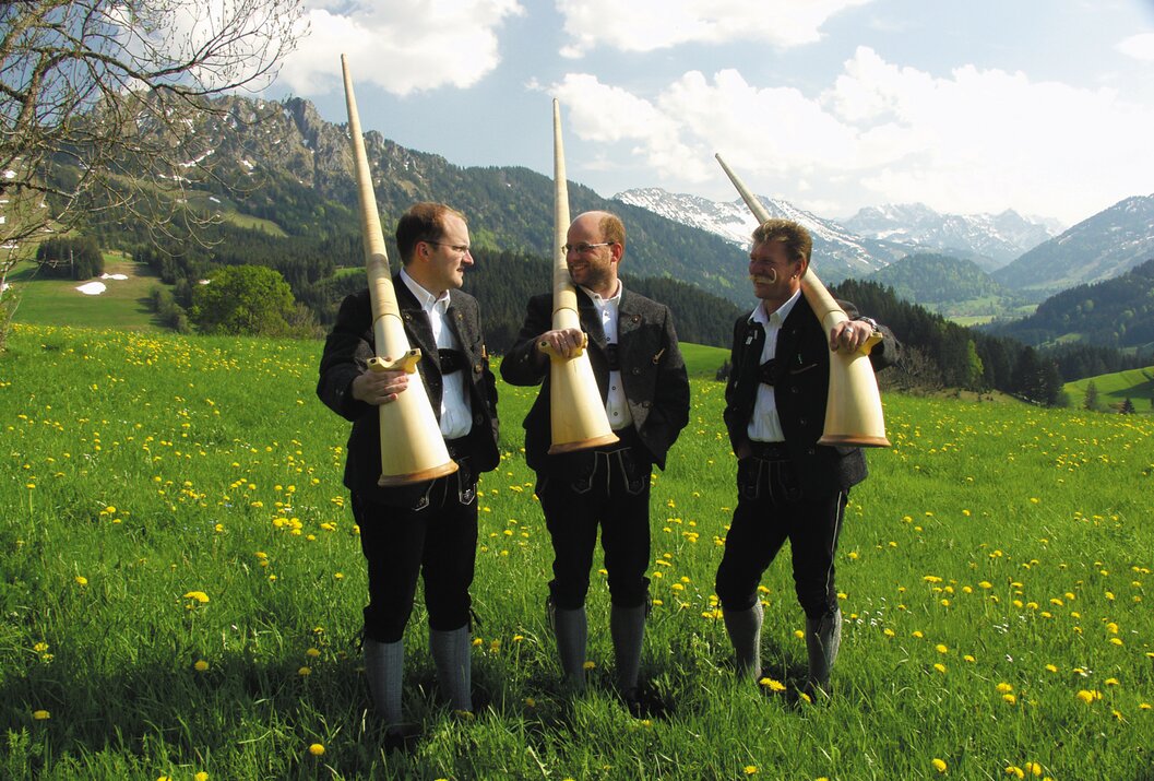 Drei Männer mit Alphörnern auf einer grünen Wiese vor Bergkulisse