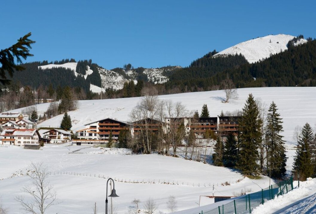 Winterlandschaft mit schneebedeckten Häusern vor bewaldeten Bergen unter blauem Himmel