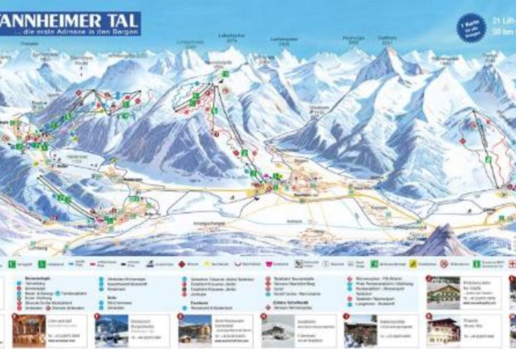 Übersichtskarte eines Skigebiets in den Bergen mit Pisten, Liften und Ortschaften