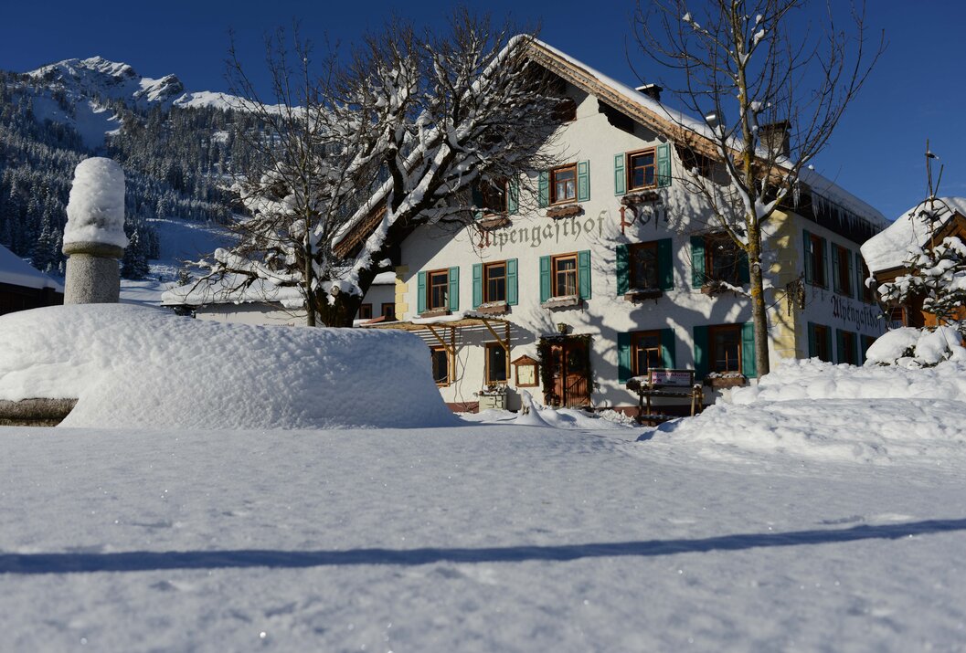 Snowy Alpine guesthouse with a mountain backdrop in winter