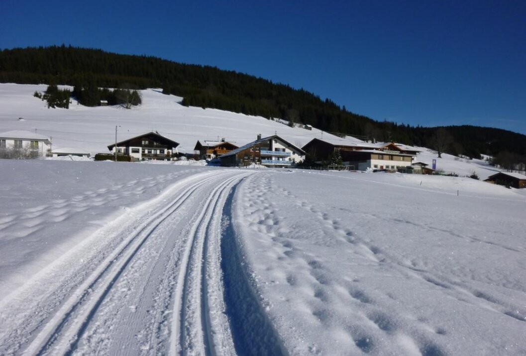 Snowy cross-country ski trail in front of houses on the mountain slope