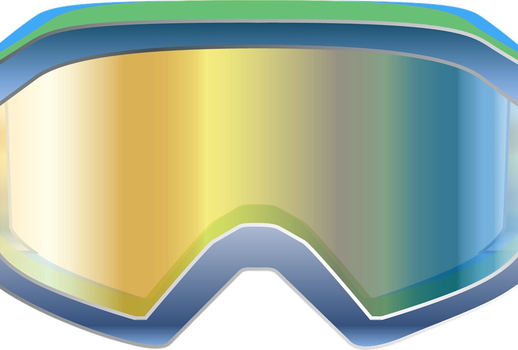 Blau-grüne Skibrille mit goldverspiegelten Gläsern